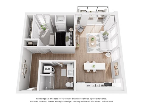 A 3D floor plan of a small apartment with a kitchen, living room, and bathroom.